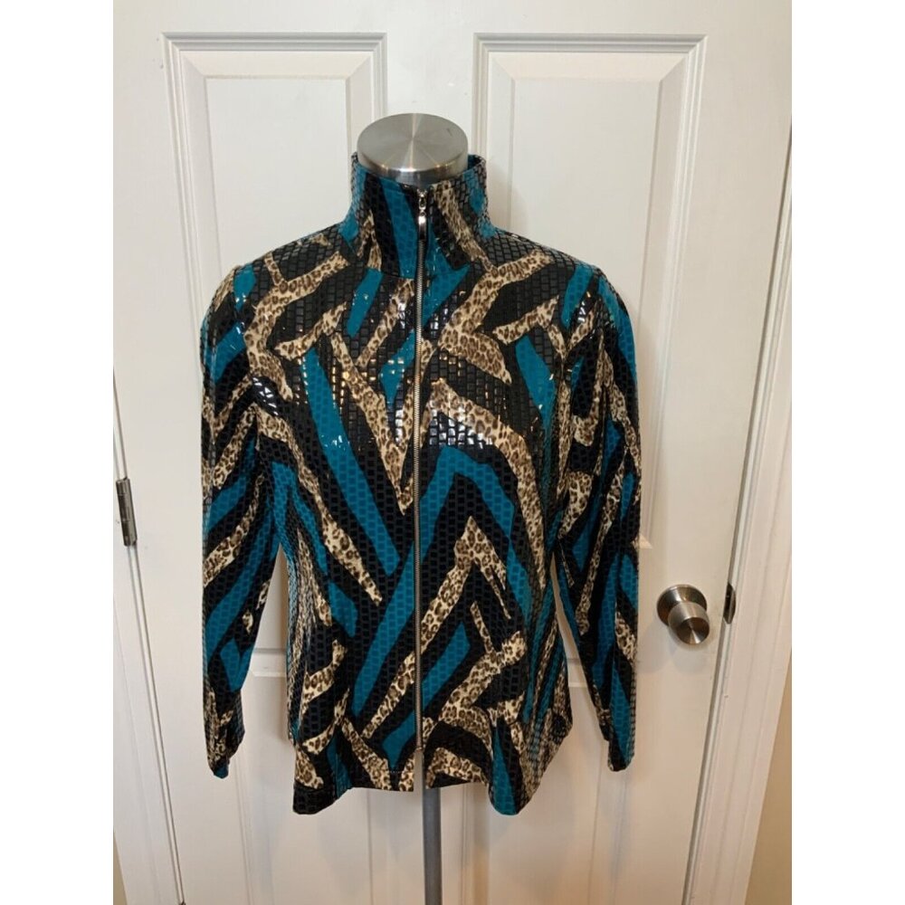 Exclusively Misook Petite Blue Black & Brown Leopard Zip-Up Jacket, Size S